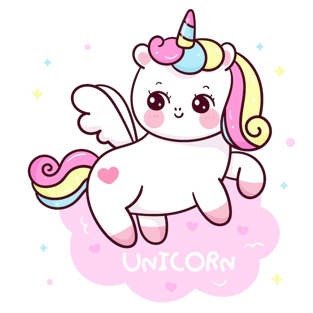 Cute unicorn pegasus on cloud kawaii cartoon