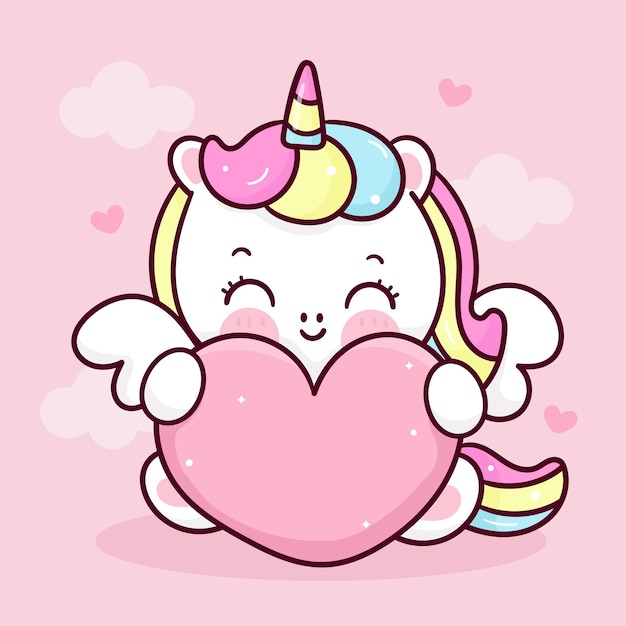 Cute unicorn pegasus hug valentine heart kawaii cartoon