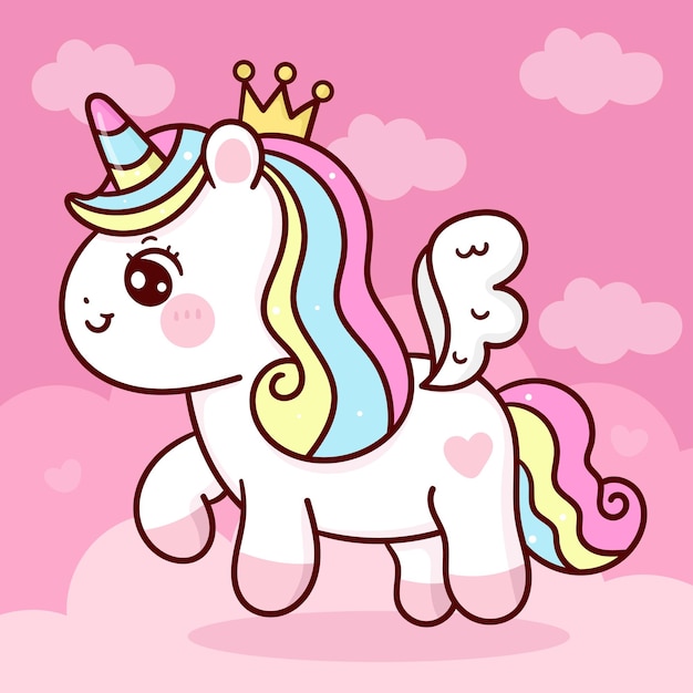 Cute unicorn pegasus princess cartoon fly on sky kawaii animal