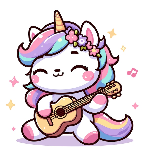 Cute unicorn playing guitar cartoon vector on white background