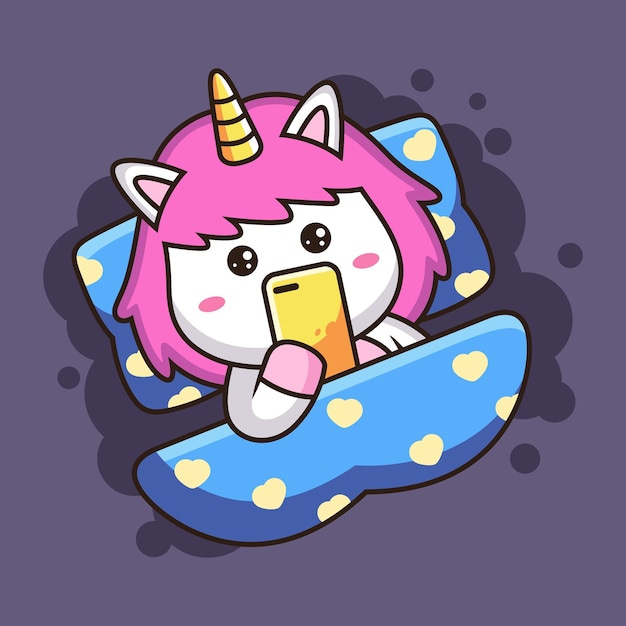 Cute Unicorn Playing Phone Cartoon. Animal   Illustration, Isolated on Purple Background