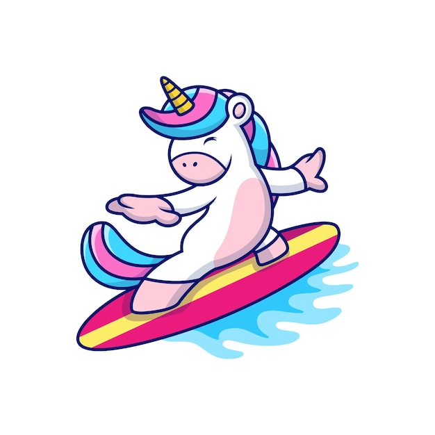 cute unicorn playing surfing. animal vector icon illustration, isolated on premium vector