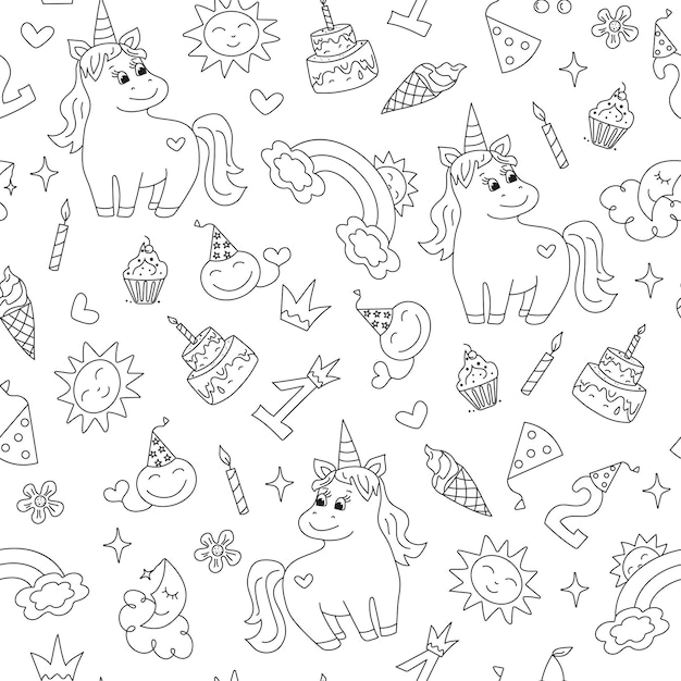 Cute unicorn pony cartoon birthday attributes Pattern Children's holiday magic doodles