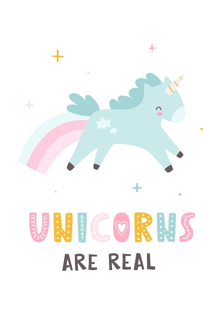 Cute unicorn poster with lettering Funny vector print for wall art and girls apparel