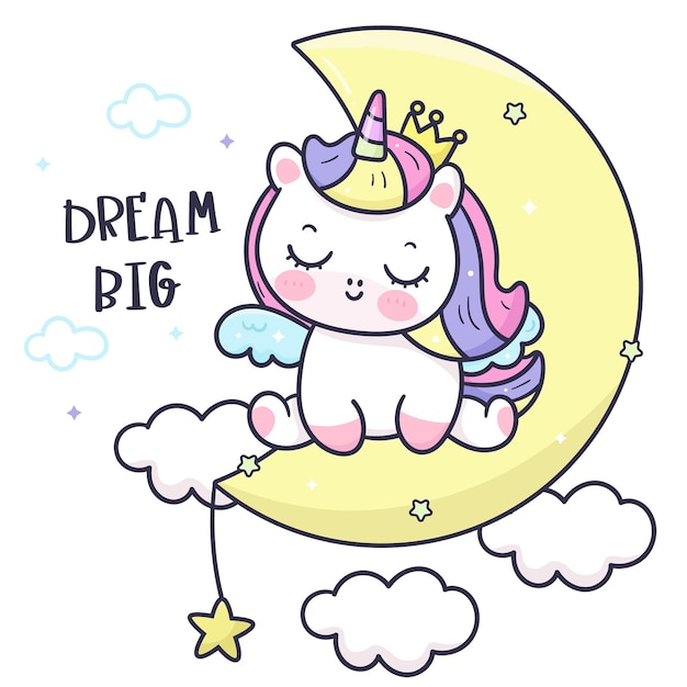 Cute Unicorn princess sleep on moon kawaii cartoon