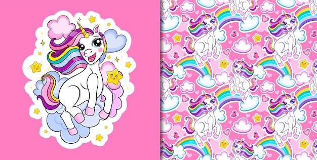 Cute Unicorn print. Seamless background with clouds and stars. Seamless Pattern for wallpaper