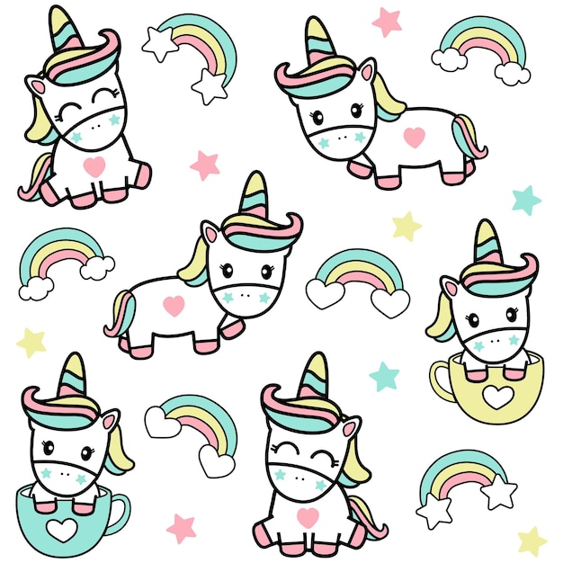 Cute Unicorn and Rainbow hand drawn Art  Design for t-shirt, greeting card or poster design Background Vector Illustration.