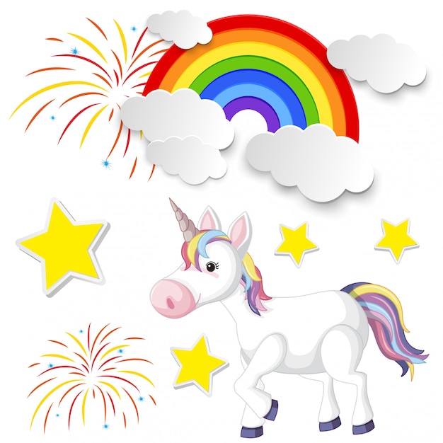 Cute unicorn and rainbow on white background