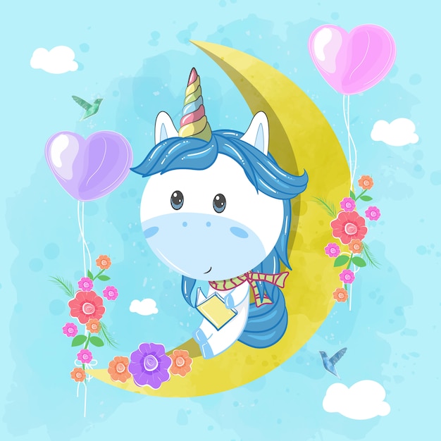 Cute unicorn read a book on the moon