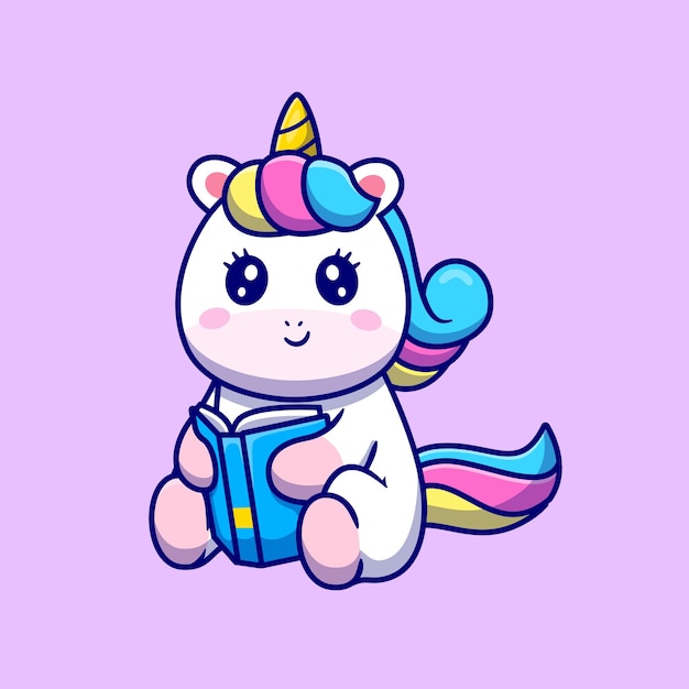 Cute Unicorn Reading Book Cartoon Illustration