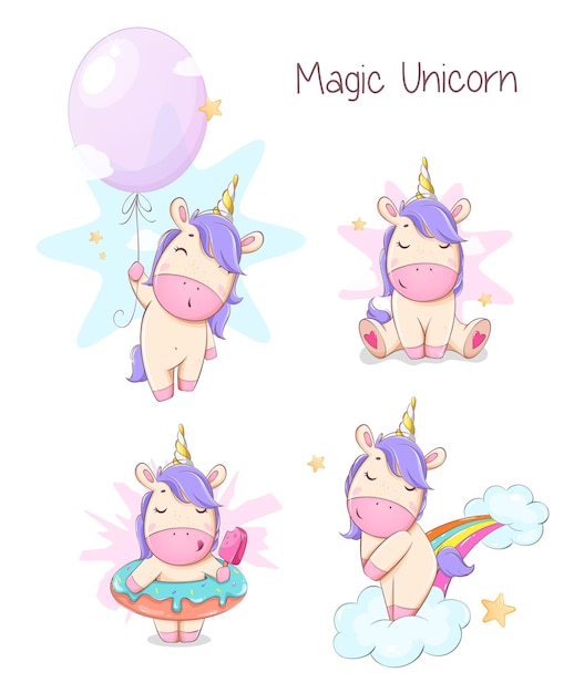 Cute unicorn set of four poses. Funny magic unicorn cartoon character