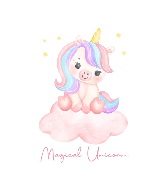 Cute unicorn sitting on cloud watercolor dreamy nursery Art illustration Magical Unicorn