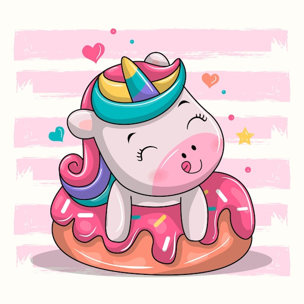 Cute unicorn sitting on dessert cartoon  illustration