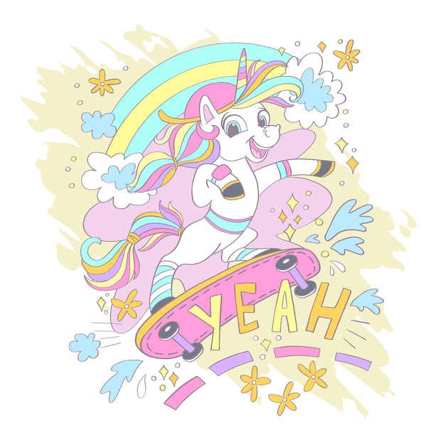 Vector cute unicorn on a skateboard card vector illustration