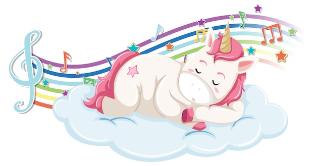 Cute unicorn sleeping on the cloud with melody symbols on rainbow