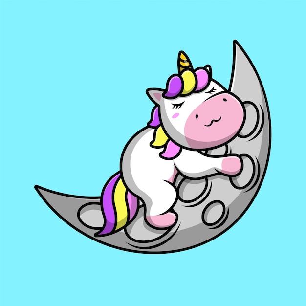 Cute Unicorn Sleeping On Moon Cartoon Vector Icon Illustration