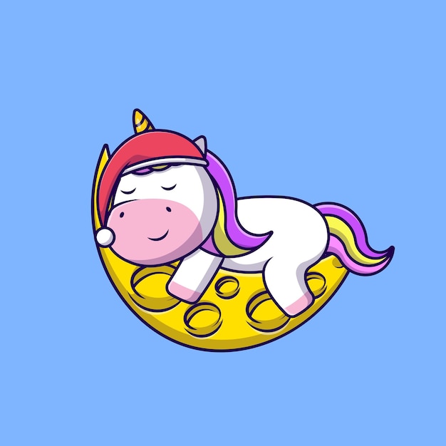 Cute Unicorn Sleeping On Moon Wearing Beanie Hat Cartoon Vector Icons Illustration