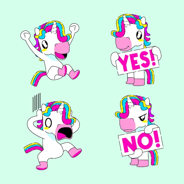 Cute unicorn sticker vector illustration, happy, yes, no, and shocked unicorn reaction