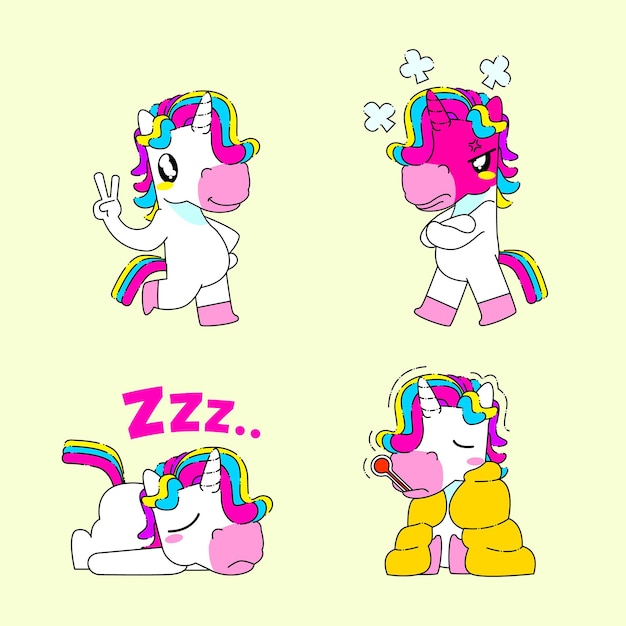 Cute unicorn sticker vector illustration, peace, angry, sleepy, and fever unicorn pose