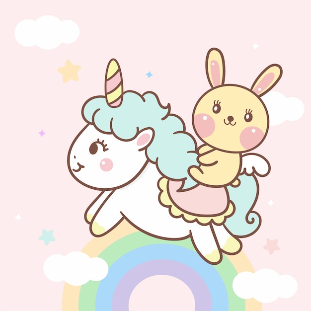 Cute Unicorn Vector and Bunny cartoon on rainbow