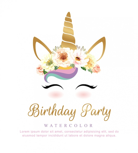 Cute unicorn watercolor with flower bouquet for birthday party.