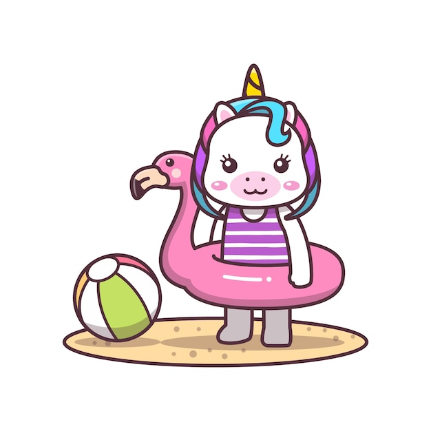 Cute unicorn wearing flamingo swim ring cartoon