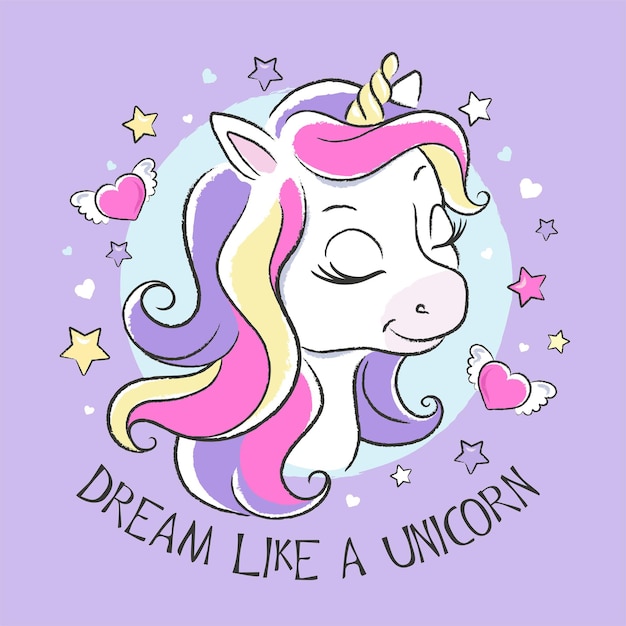 Cute unicorn with colourful hair and hearts, dream like a unicorn illustration