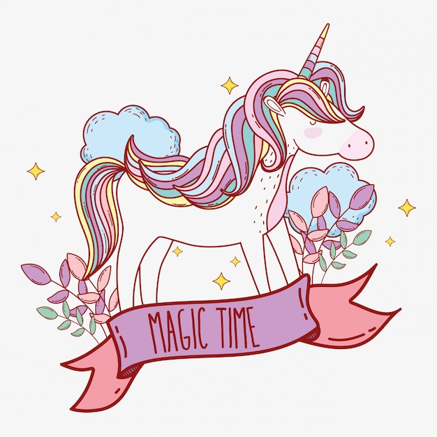 Cute unicorn with horn and clouds with plants