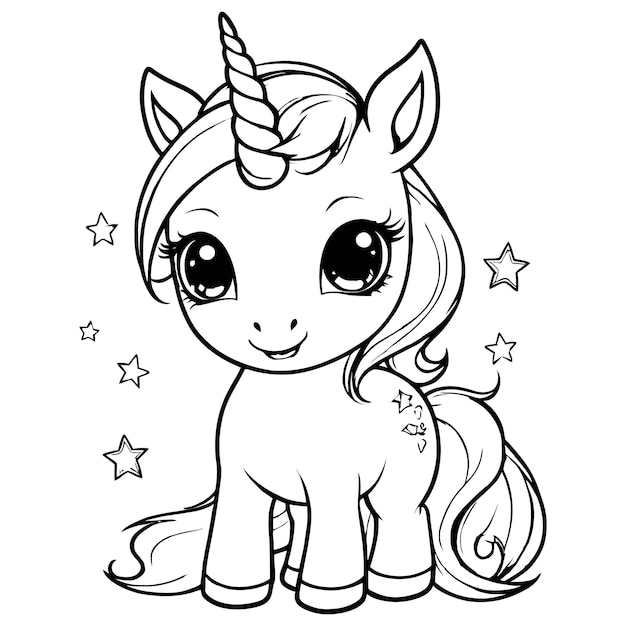 a cute unicorn with a horn on its head line art outline vector design