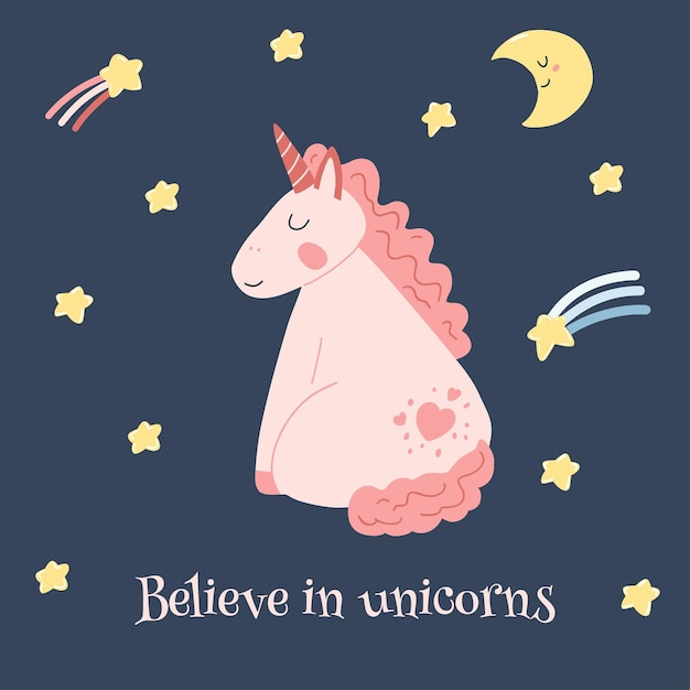 Cute unicorn with kawaii moon and falling stars in cartoon flat style Vector illustration of baby horse pony animal in pink color for fabric print apparel children textile design card