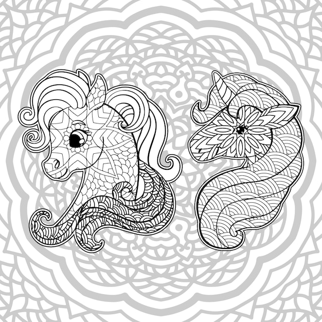 Cute unicorn with mandala outline for coloring book