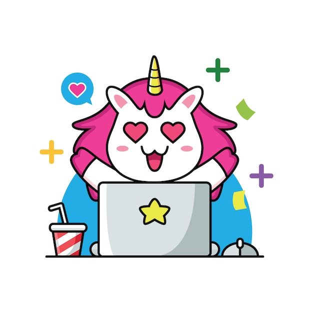 Cute unicorn working on laptop