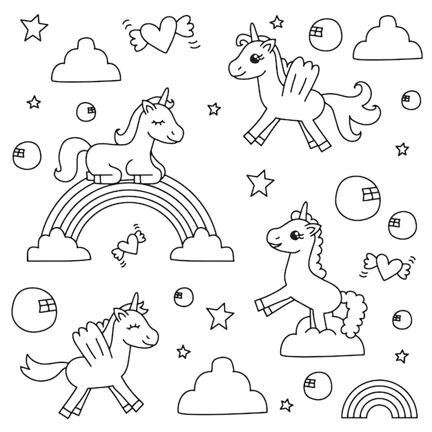 Cute unicorns in the clouds with rainbows vector illustration