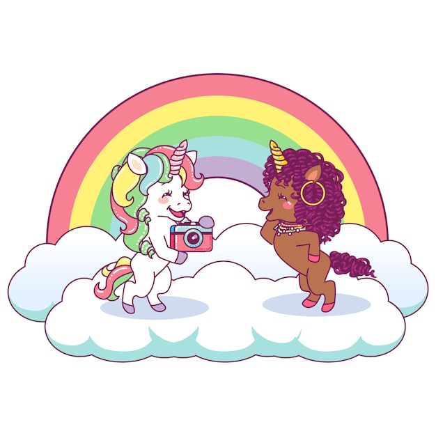 cute unicorns having fun making photos together