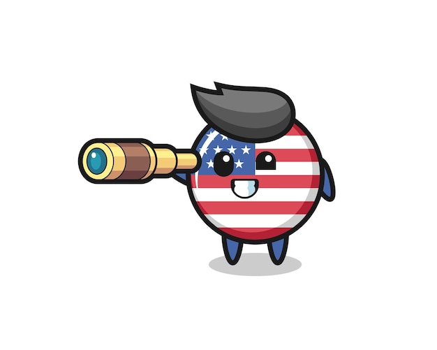 Cute united states flag badge character is holding an old telescope , cute style design for t shirt, sticker, logo element