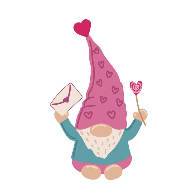 Vector cute valentime gnome with heart in red hat for valentine s day cards, gifts, t-shirts, and mugs.