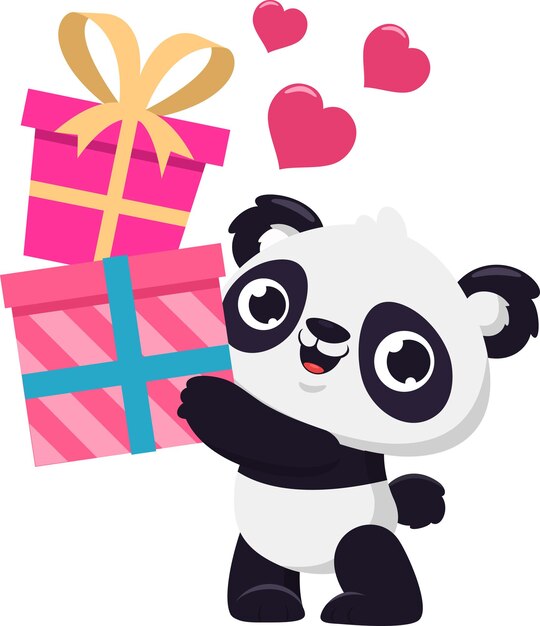 Vector cute valentine panda bear cartoon character holding up gift boxes with pink hearts