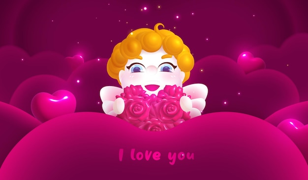 Cute Valentine's Day background design Cupid holding a rose heart