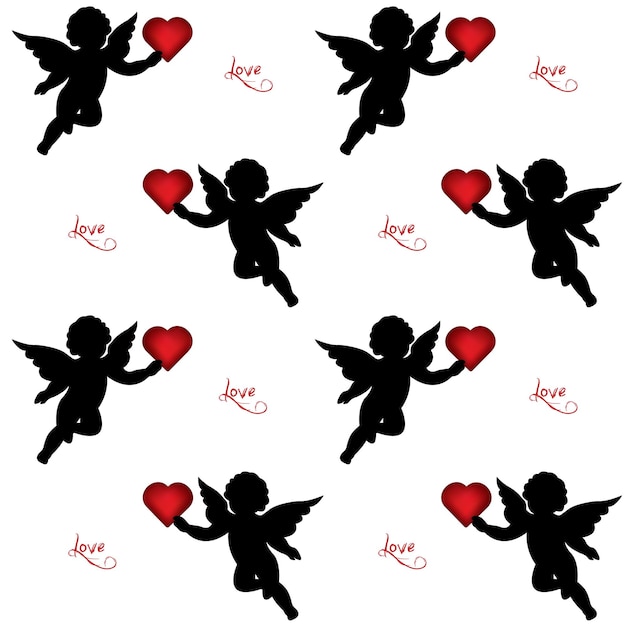 Cute Valentine seamless pattern with silhouettes of angels cupids with arrows and hearts,black icon.