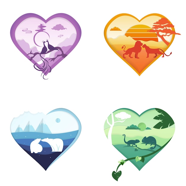 Cute valentines for Valentine's Day with animals, bright cards in the form of hearts