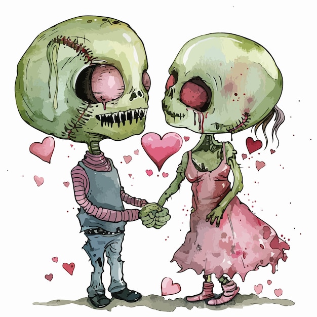 Vector cute valentines zombie watercolor clipart isolated on white background