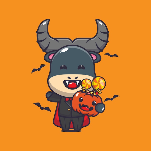 Cute vampire buffalo holding halloween pumpkin. Cute halloween cartoon illustration.