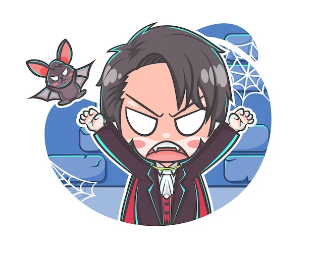 Cute vampire scaring with a bat cartoon illustration