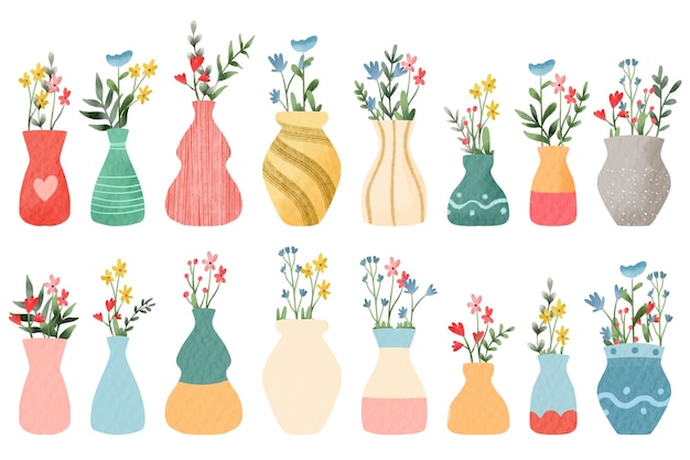 Vector cute vases with flowers element collection