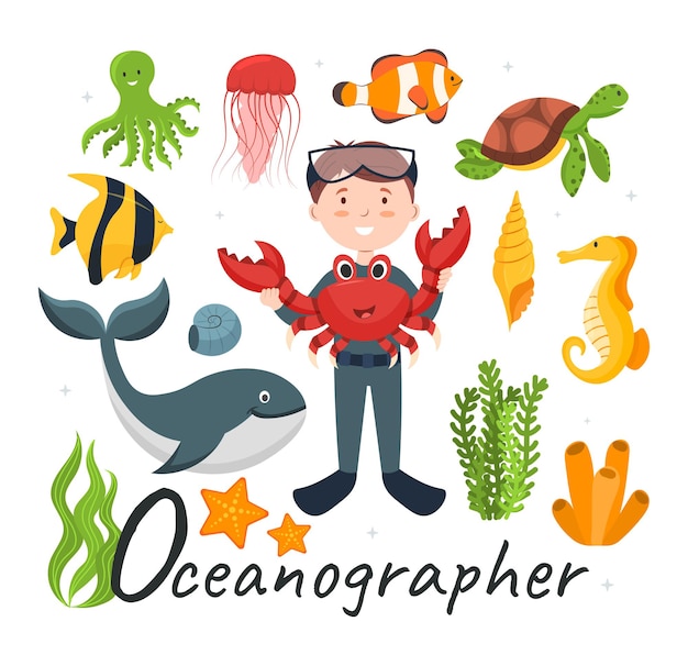 Cute vector alphabet Profession Letter O  Oceanographer Vector illustration