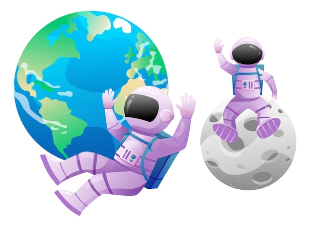 Cute vector astronauts exploring space with earth and moon planets