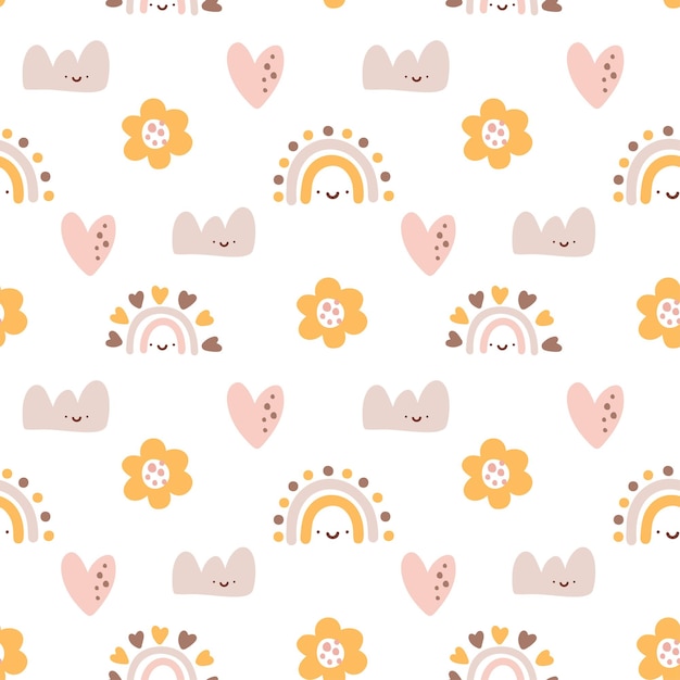 Cute vector baby girl seamless pattern with hand drawn heart flower and rainbow cloud Creative childish illustration