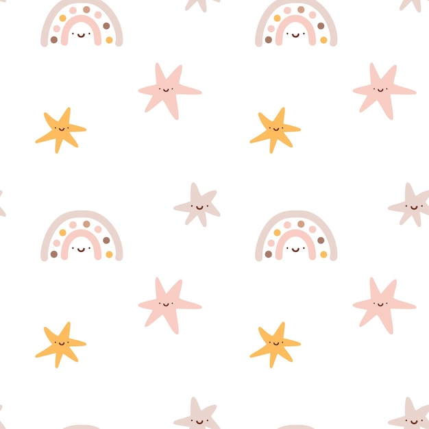 Cute vector baby girl seamless pattern with hand drawn stars and rainbow Creative childish background illustration