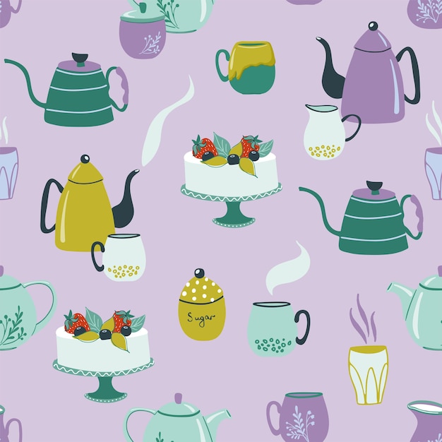 Cute vector background with handmade tableware and cake