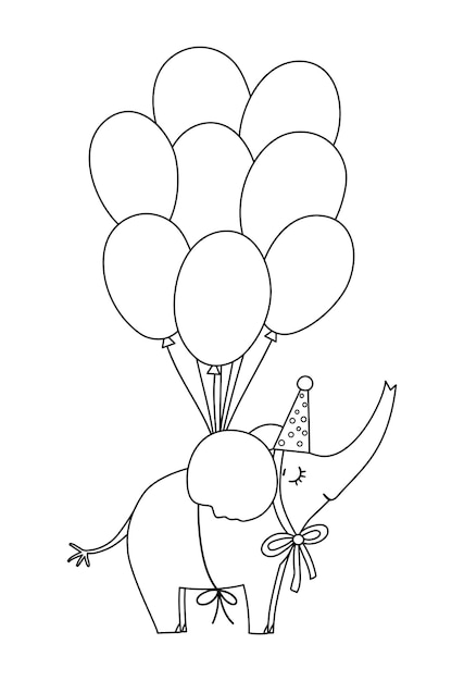 Cute vector black and white elephant flying on bunch of balloons outline animal illustration